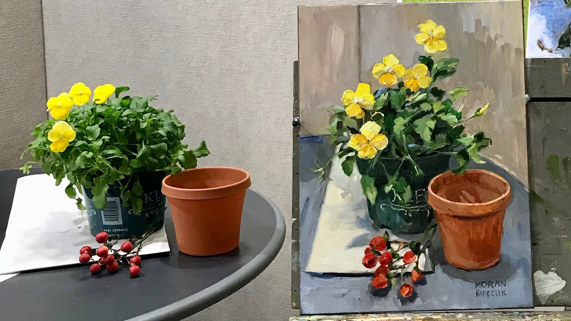 Still life painting of garden pot, berries, and yellow flowers